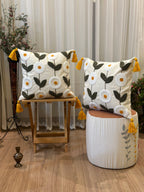 Bohem Tarzı Beyaz Zemin Üzerine Örgü/Düğüm Nakışlı Dekoratif Yastık