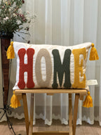 Bohem Tarzı Beyaz Zemin Üzerine Örgü/Düğüm Nakışlı Dekoratif Yastık