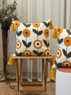 Bohem Tarzı Beyaz Zemin Üzerine Örgü/Düğüm Nakışlı Dekoratif Yastık