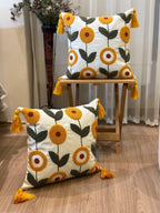 Bohem Tarzı Beyaz Zemin Üzerine Örgü/Düğüm Nakışlı Dekoratif Yastık