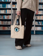 Göz Desenli Bez Keten Omuz Çantası, Plaj Çantası, İşlemeli El ve Kol Çantası %100 Pamuk 36x29 cm