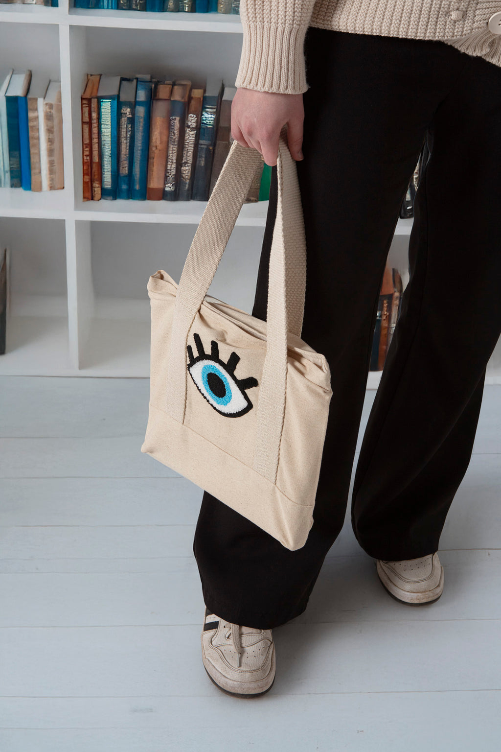 Göz Desenli Bez Keten Omuz Çantası, Plaj Çantası, İşlemeli El ve Kol Çantası %100 Pamuk 36x29 cm