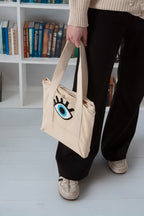 Göz Desenli Bez Keten Omuz Çantası, Plaj Çantası, İşlemeli El ve Kol Çantası %100 Pamuk 36x29 cm