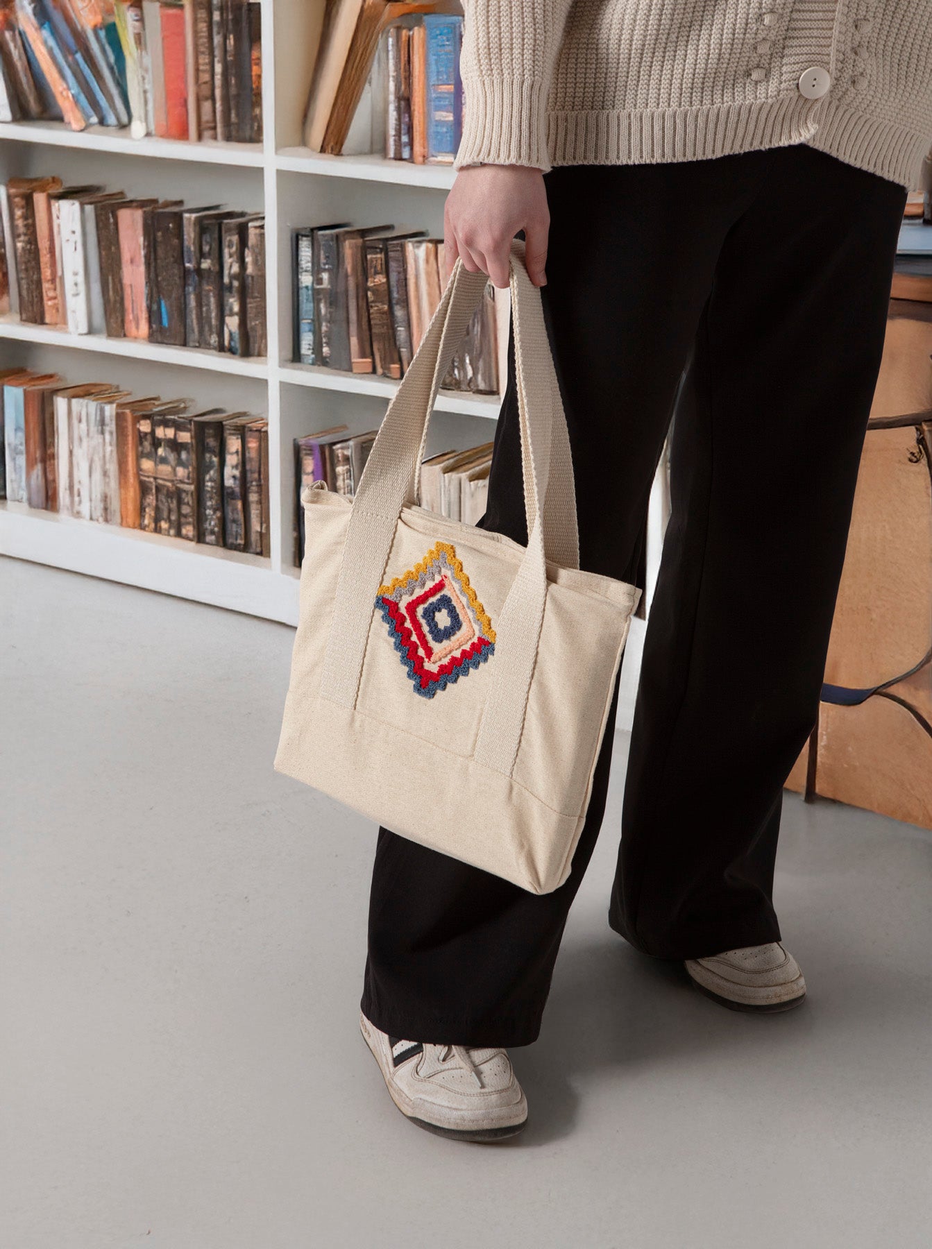 Geometrik Desenli Bez Keten Omuz Çantası, Plaj Çantası, İşlemeli El ve Kol Çantası %100 Pamuk 36x29 cm