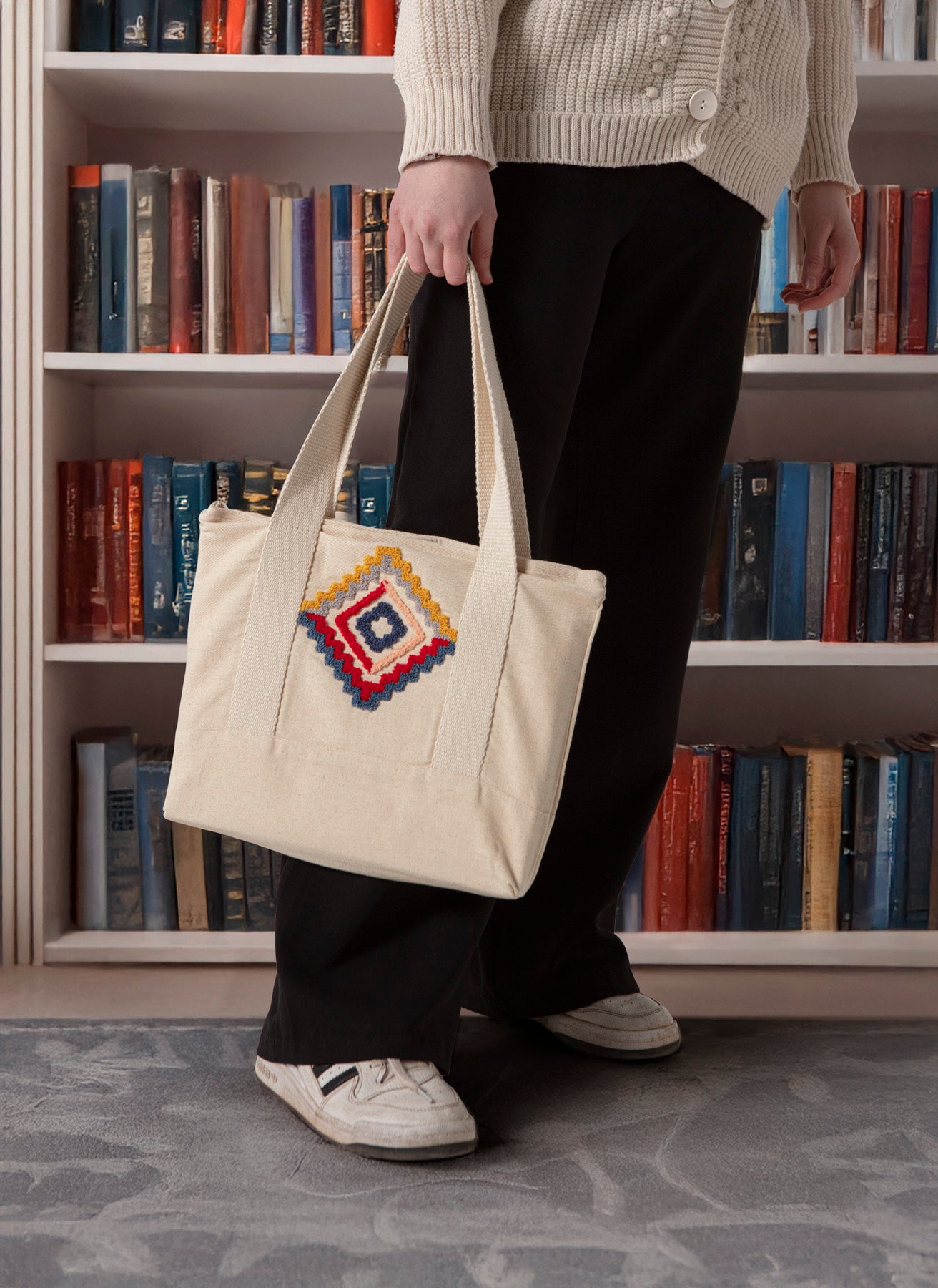 Geometrik Desenli Bez Keten Omuz Çantası, Plaj Çantası, İşlemeli El ve Kol Çantası %100 Pamuk 36x29 cm