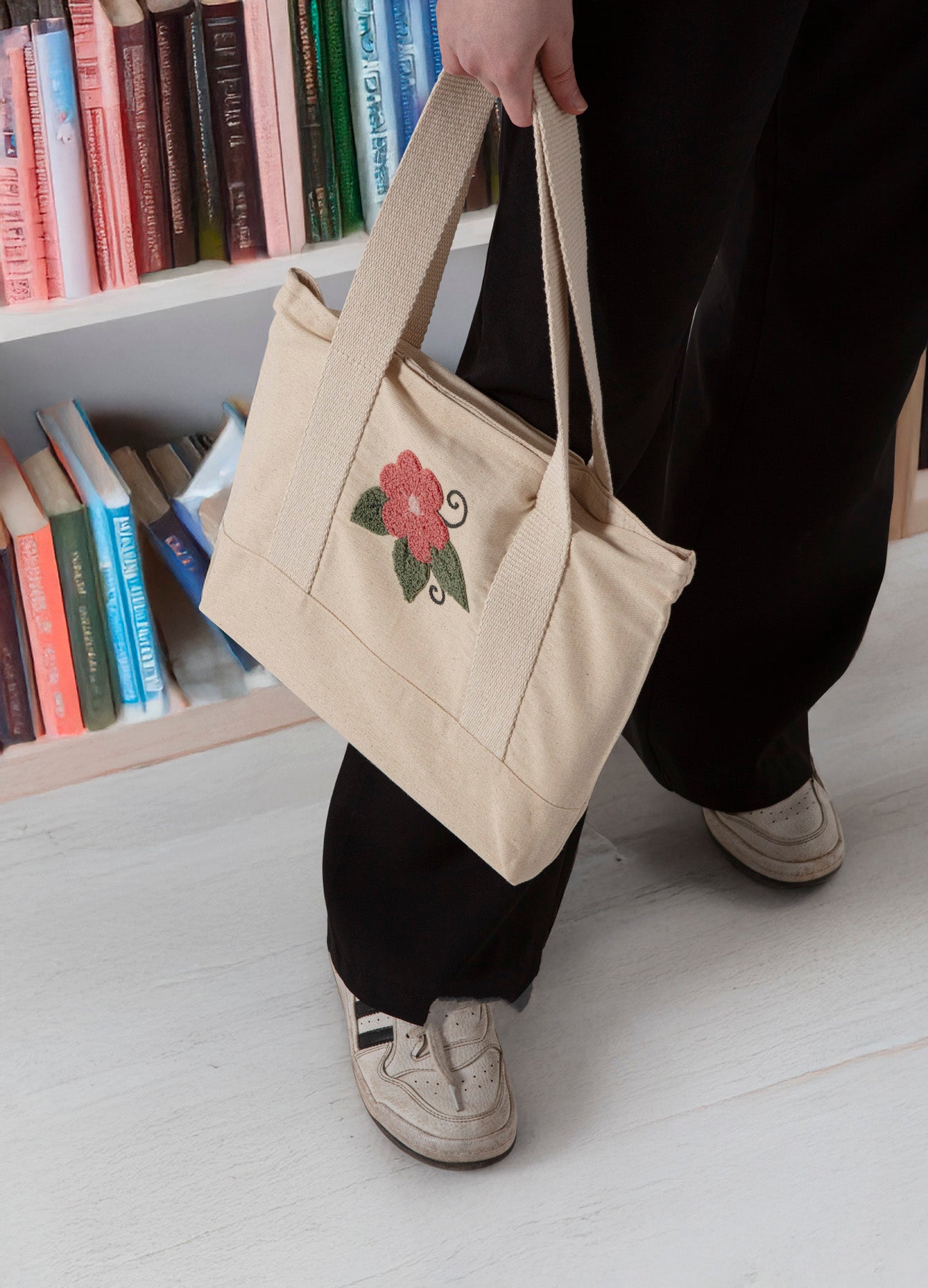 Çiçek Desenli Bez Keten Omuz Çantası, Plaj Çantası, İşlemeli El ve Kol Çantası %100 Pamuk 36x29 cm