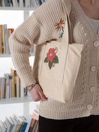 Çiçek Desenli Bez Keten Omuz Çantası, Plaj Çantası, İşlemeli El ve Kol Çantası %100 Pamuk 36x29 cm