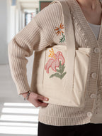 Çiçek Desenli Bez Keten Omuz Çantası, Plaj Çantası, İşlemeli El ve Kol Çantası %100 Pamuk 36x29 cm