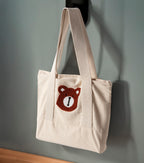 Ayıcık Desenli Bez Keten Omuz Çantası, Plaj Çantası, İşlemeli El ve Kol Çantası %100 Pamuk 36x29 cm