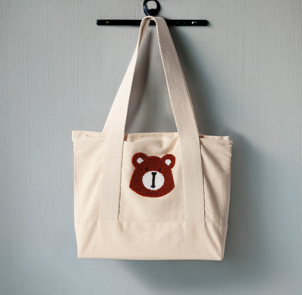 Ayıcık Desenli Bez Keten Omuz Çantası, Plaj Çantası, İşlemeli El ve Kol Çantası %100 Pamuk 36x29 cm