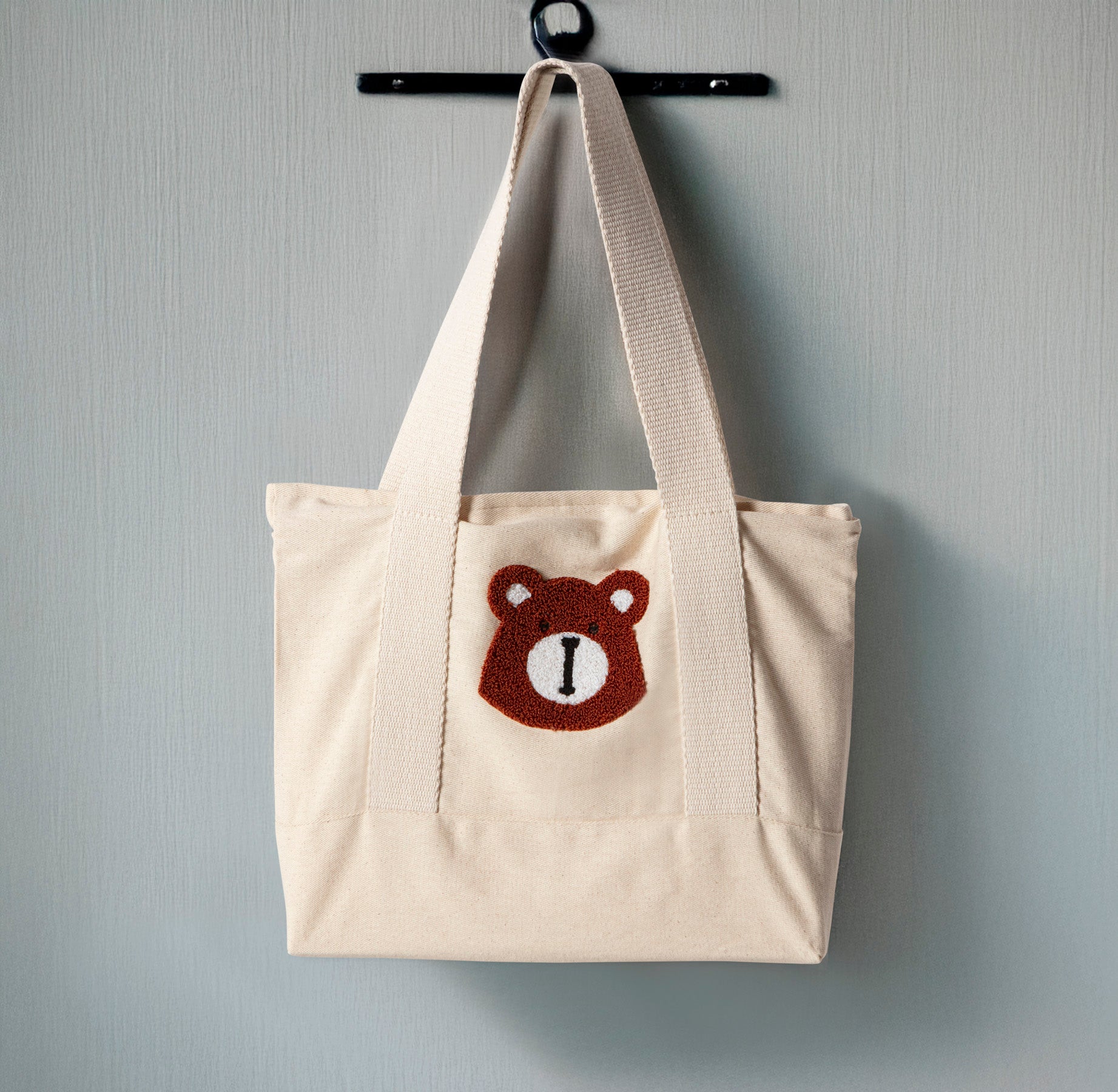 Ayıcık Desenli Bez Keten Omuz Çantası, Plaj Çantası, İşlemeli El ve Kol Çantası %100 Pamuk 36x29 cm