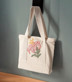 Çiçek Desenli Bez Keten Omuz Çantası, Plaj Çantası, İşlemeli El ve Kol Çantası %100 Pamuk 36x29 cm