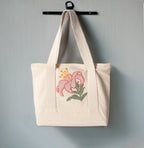Çiçek Desenli Bez Keten Omuz Çantası, Plaj Çantası, İşlemeli El ve Kol Çantası %100 Pamuk 36x29 cm