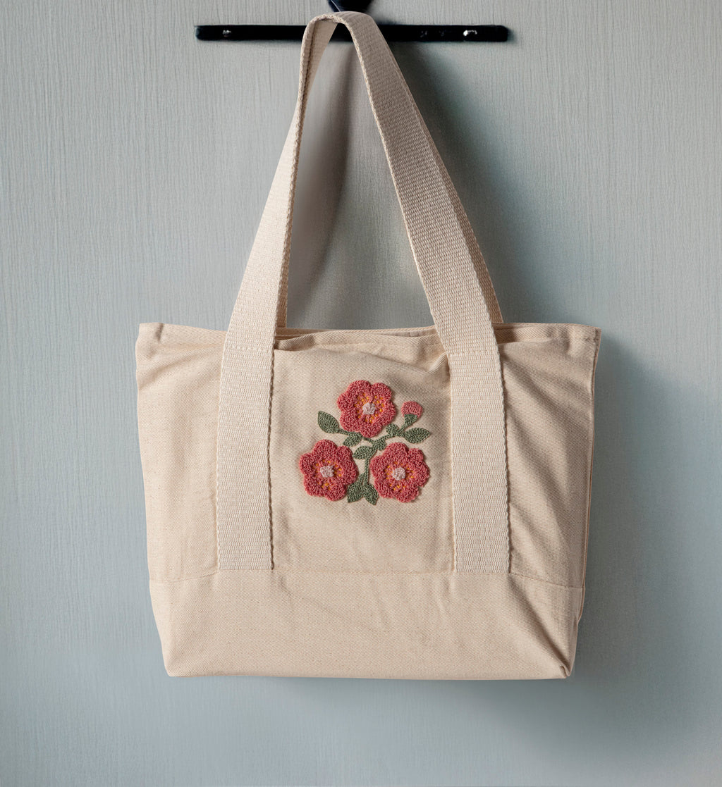 Çiçek Desenli Bez Keten Omuz Çantası, Plaj Çantası, İşlemeli El ve Kol Çantası %100 Pamuk 36x29 cm