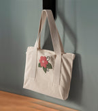 Çiçek Desenli Bez Keten Omuz Çantası, Plaj Çantası, İşlemeli El ve Kol Çantası %100 Pamuk 36x29 cm