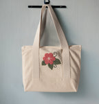 Çiçek Desenli Bez Keten Omuz Çantası, Plaj Çantası, İşlemeli El ve Kol Çantası %100 Pamuk 36x29 cm