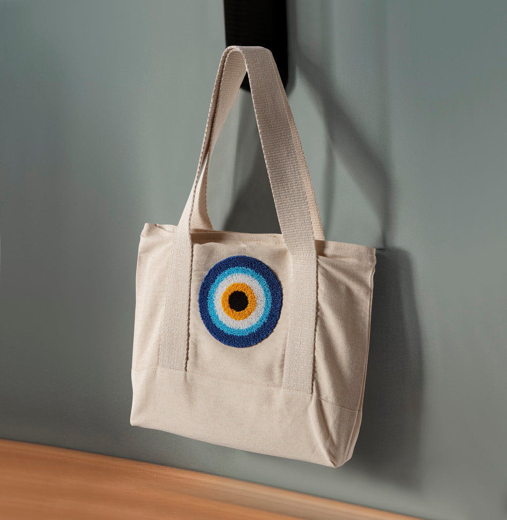 Nazar Boncuğu Desenli Bez Keten Omuz Çantası, Plaj Çantası, İşlemeli El ve Kol Çantası %100 Pamuk 36x29 cm