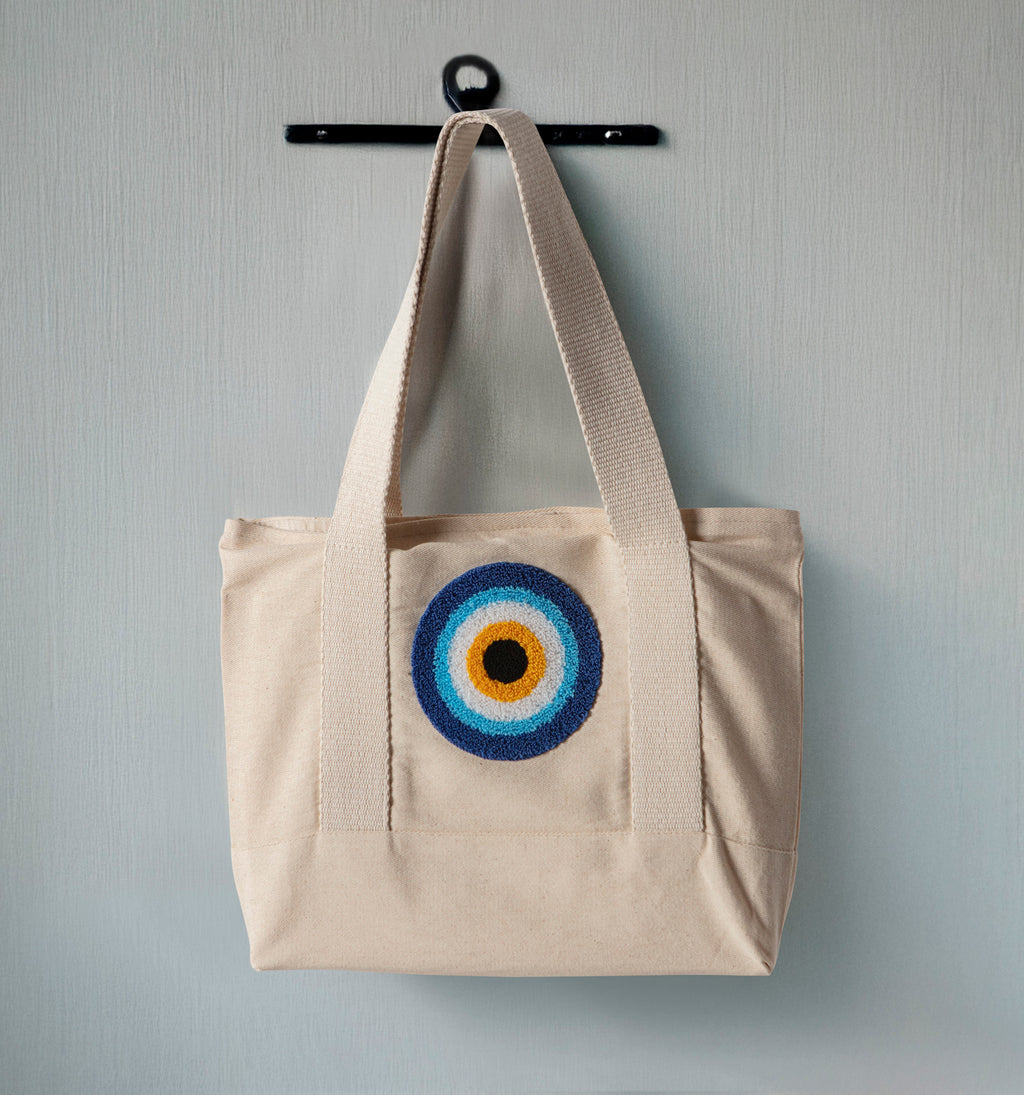 Nazar Boncuğu Desenli Bez Keten Omuz Çantası, Plaj Çantası, İşlemeli El ve Kol Çantası %100 Pamuk 36x29 cm