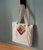 Geometrik Desenli Bez Keten Omuz Çantası, Plaj Çantası, İşlemeli El ve Kol Çantası %100 Pamuk 36x29 cm