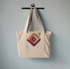 Geometrik Desenli Bez Keten Omuz Çantası, Plaj Çantası, İşlemeli El ve Kol Çantası %100 Pamuk 36x29 cm