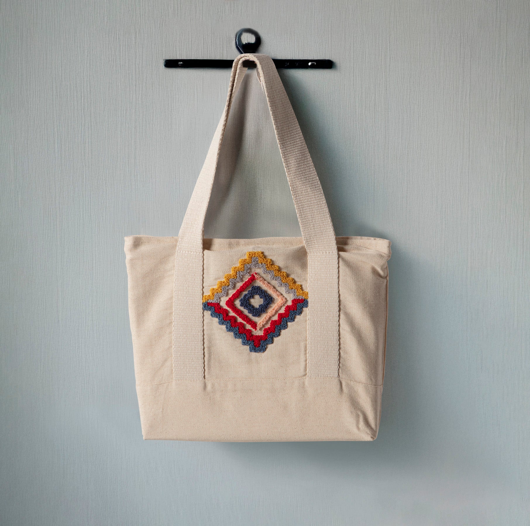 Geometrik Desenli Bez Keten Omuz Çantası, Plaj Çantası, İşlemeli El ve Kol Çantası %100 Pamuk 36x29 cm