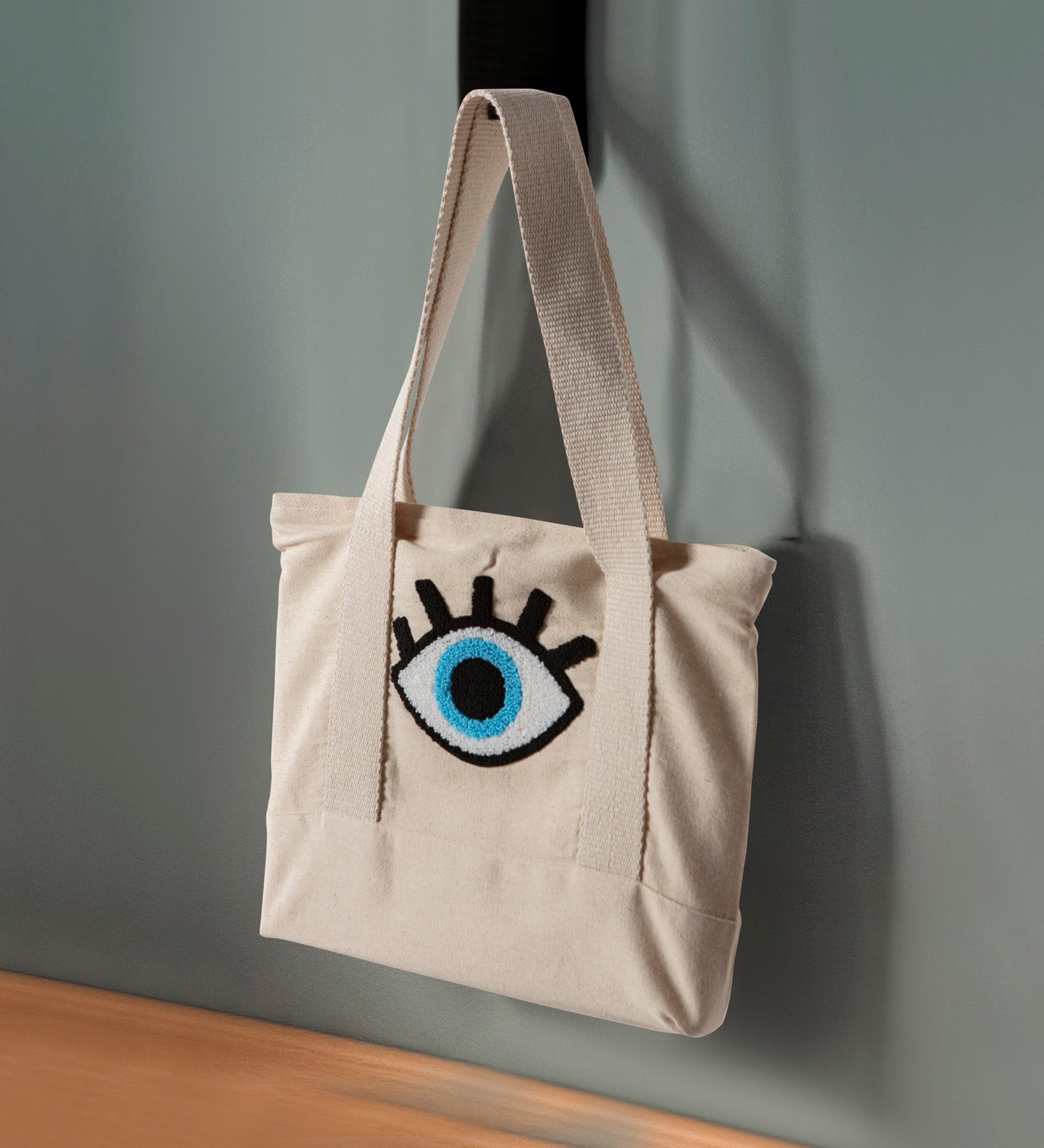 Göz Desenli Bez Keten Omuz Çantası, Plaj Çantası, İşlemeli El ve Kol Çantası %100 Pamuk 36x29 cm