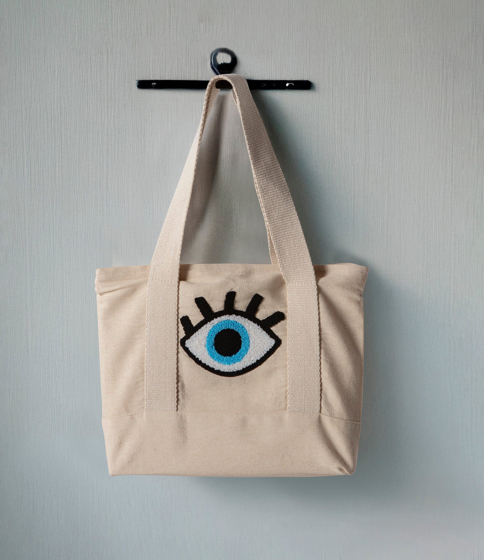 Göz Desenli Bez Keten Omuz Çantası, Plaj Çantası, İşlemeli El ve Kol Çantası %100 Pamuk 36x29 cm