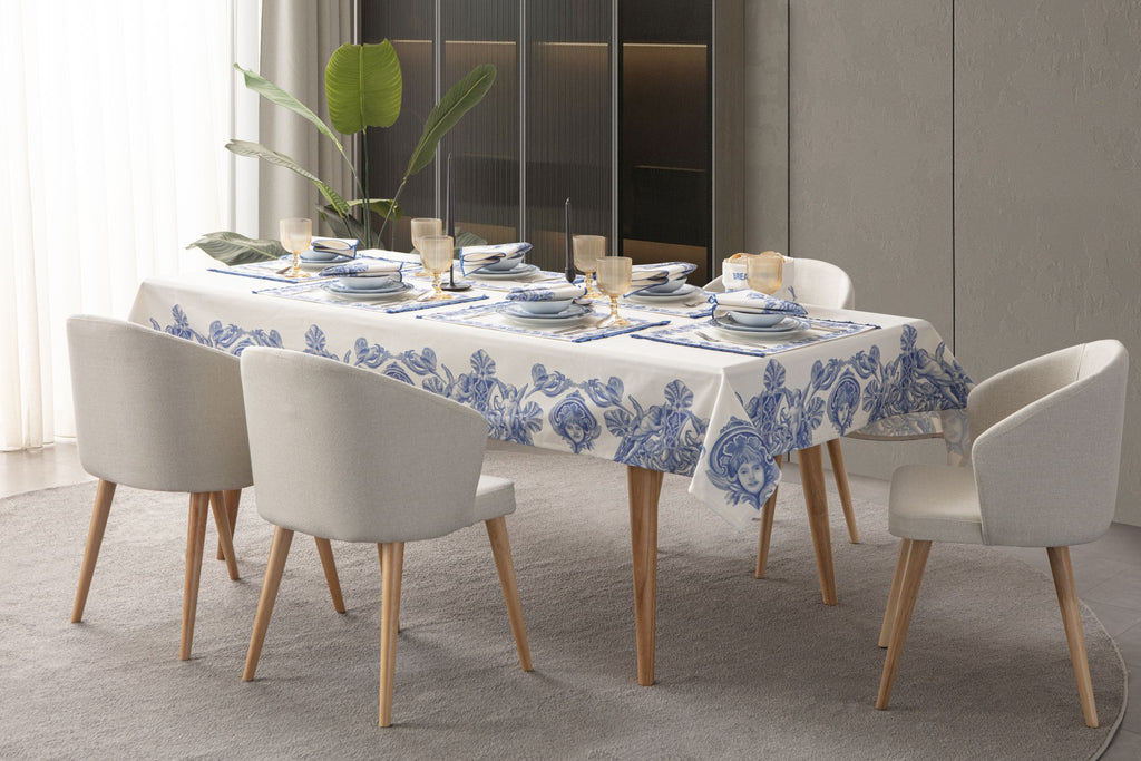 Çini Mavi Full Sofra Tekstili Takımı - Bahçe Desenli Saçaklı Sofra Seti