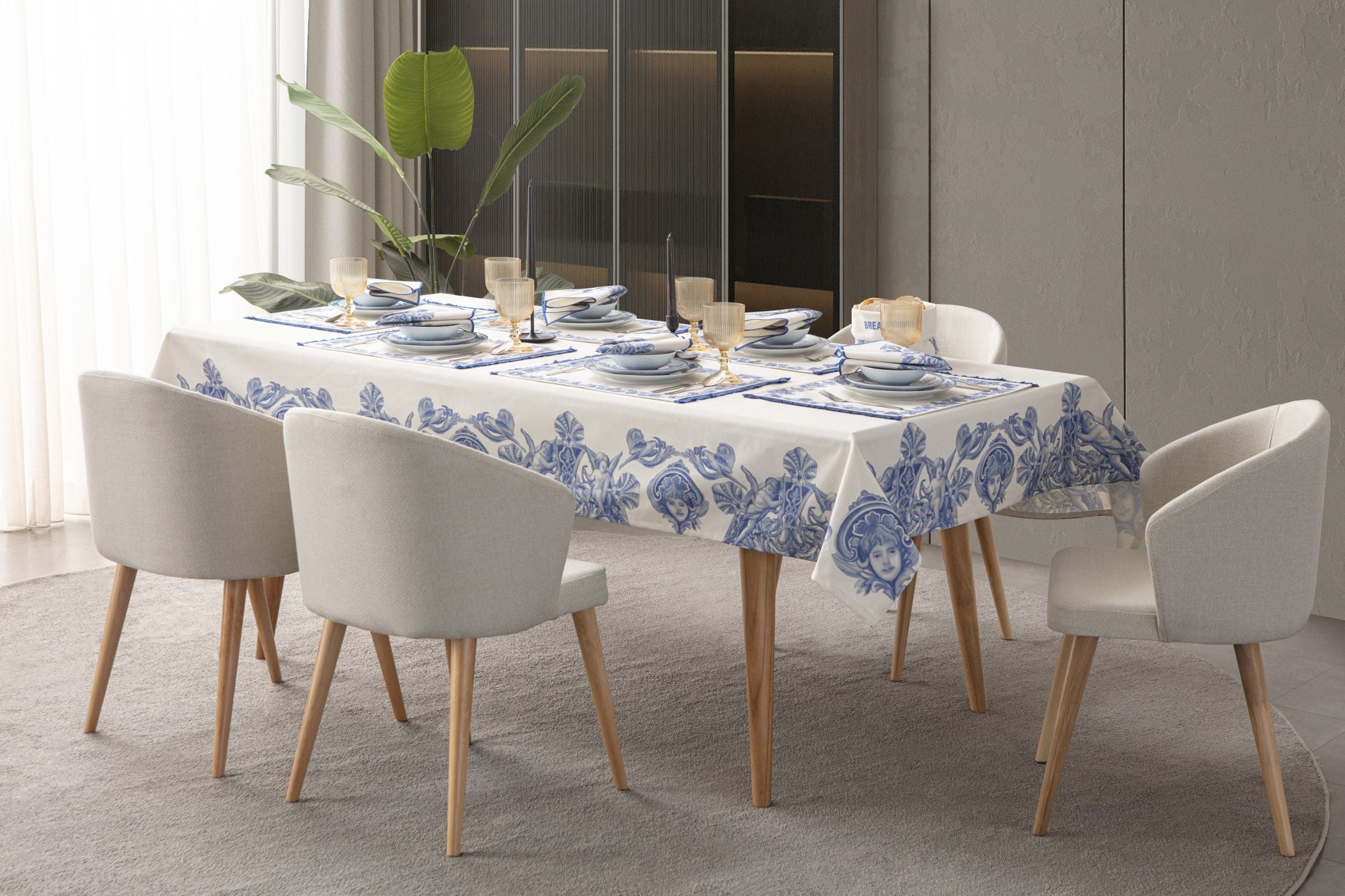 Çini Mavi Full Sofra Tekstili Takımı - Bahçe Desenli Saçaklı Sofra Seti