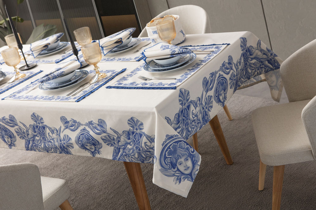 Çini Mavi Full Sofra Tekstili Takımı - Bahçe Desenli Saçaklı Sofra Seti