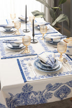 Çini Mavi Full Sofra Tekstili Takımı - Bahçe Desenli Saçaklı Sofra Seti