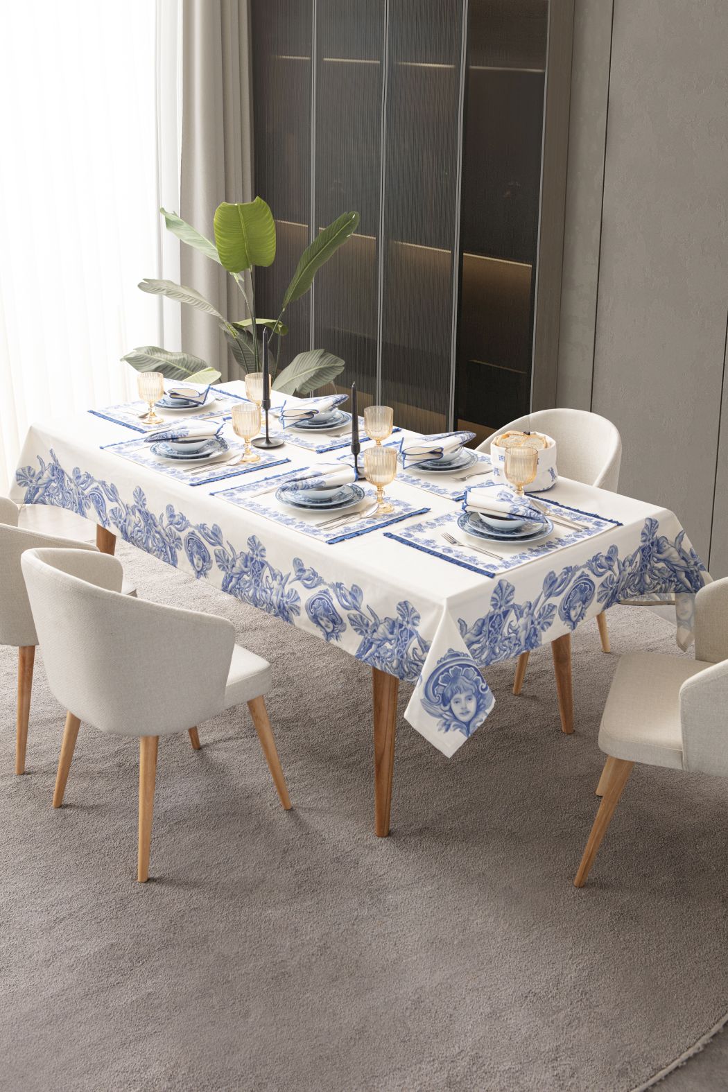 Çini Mavi Full Sofra Tekstili Takımı - Bahçe Desenli Saçaklı Sofra Seti