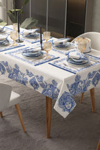 Çini Mavi Full Sofra Tekstili Takımı - Bahçe Desenli Saçaklı Sofra Seti