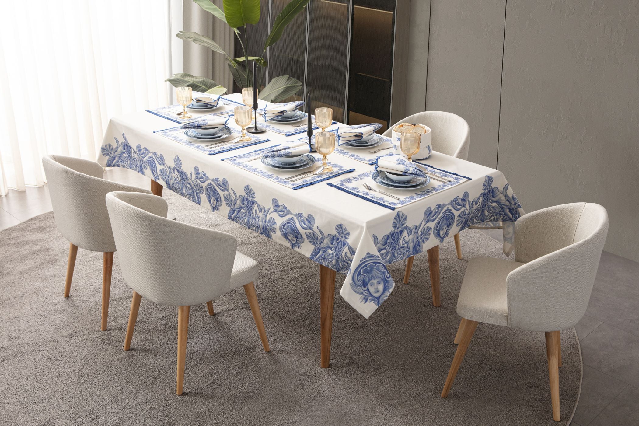 Çini Mavi Full Sofra Tekstili Takımı - Bahçe Desenli Saçaklı Sofra Seti