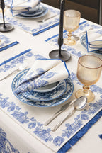 Çini Mavi Full Sofra Tekstili Takımı - Bahçe Desenli Saçaklı Sofra Seti