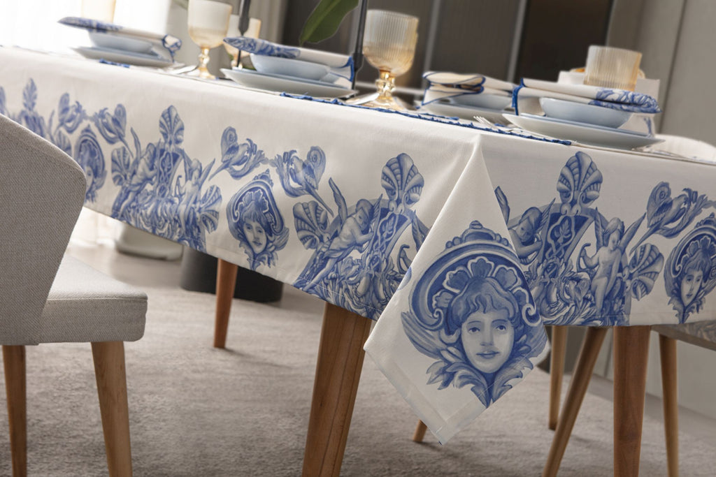 Çini Mavi Full Sofra Tekstili Takımı - Bahçe Desenli Saçaklı Sofra Seti