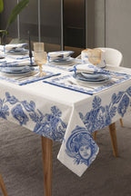 Çini Mavi Full Sofra Tekstili Takımı - Bahçe Desenli Saçaklı Sofra Seti