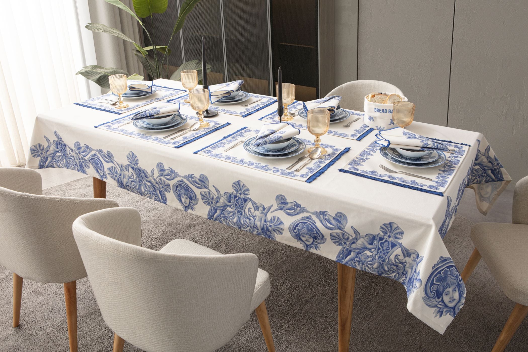 Çini Mavi Full Sofra Tekstili Takımı - Bahçe Desenli Saçaklı Sofra Seti