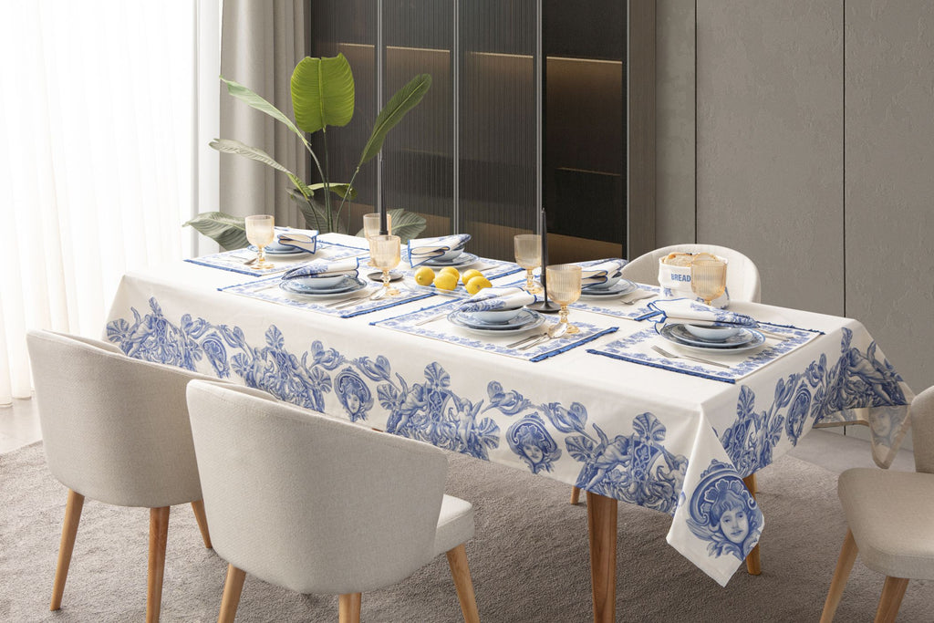 Çini Mavi Full Sofra Tekstili Takımı - Bahçe Desenli Saçaklı Sofra Seti