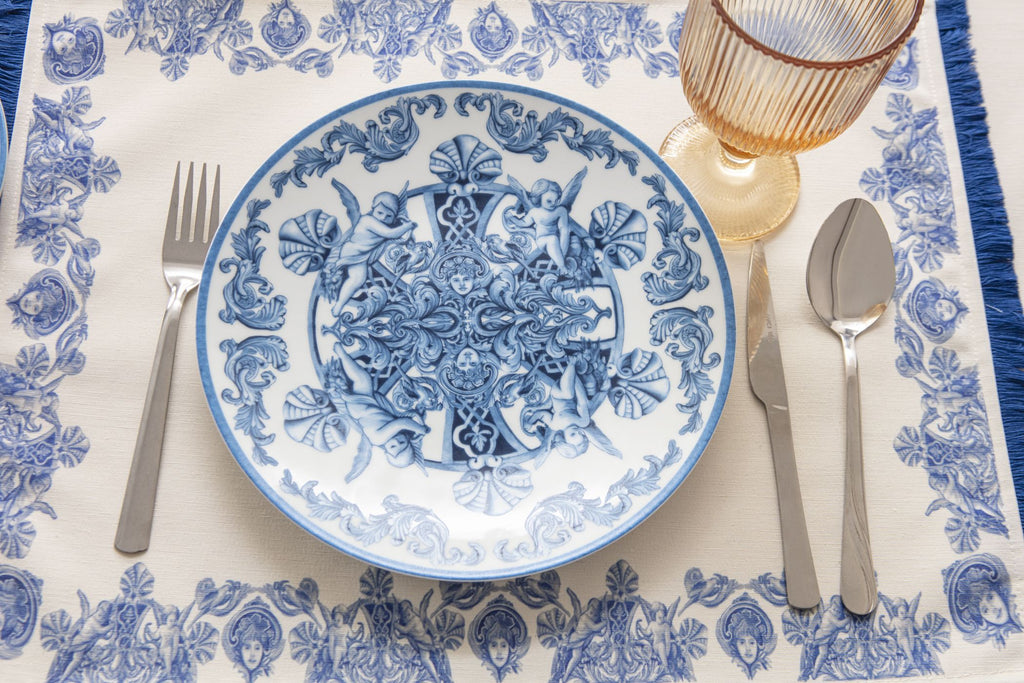 Çini Mavi Full Sofra Tekstili Takımı - Bahçe Desenli Saçaklı Sofra Seti