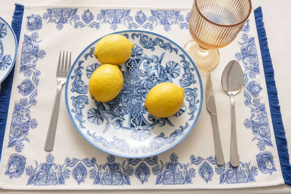 Çini Mavi Full Sofra Tekstili Takımı - Bahçe Desenli Saçaklı Sofra Seti