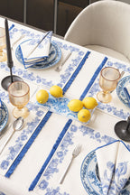 Çini Mavi Full Sofra Tekstili Takımı - Bahçe Desenli Saçaklı Sofra Seti