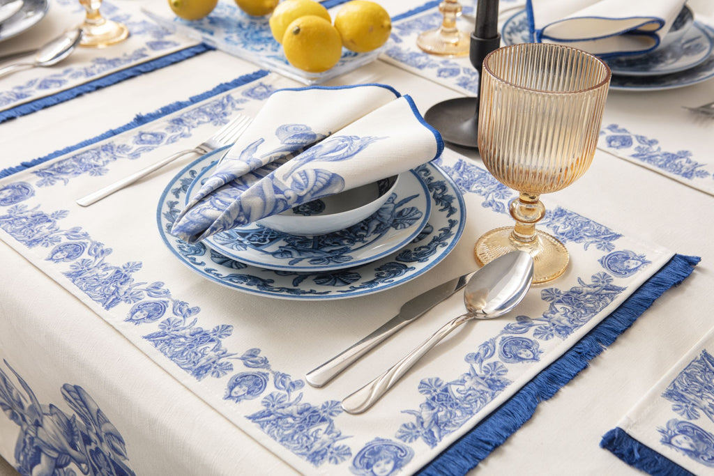 Çini Mavi Full Sofra Tekstili Takımı - Bahçe Desenli Saçaklı Sofra Seti