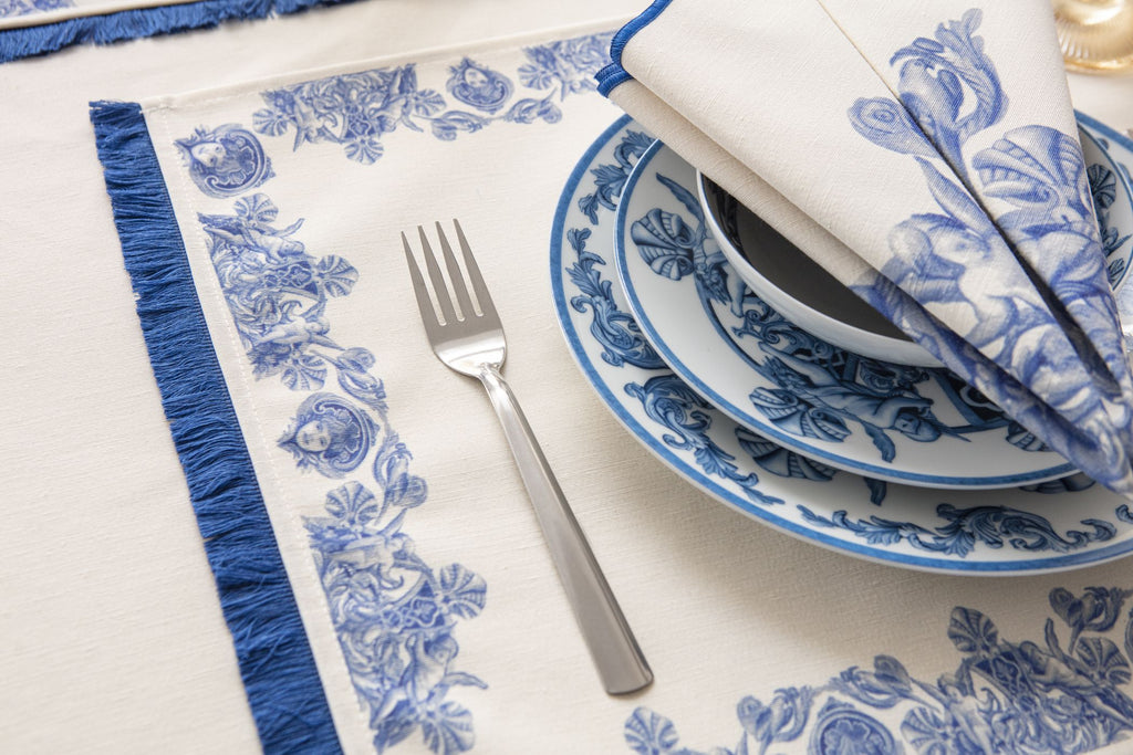 Çini Mavi Full Sofra Tekstili Takımı - Bahçe Desenli Saçaklı Sofra Seti