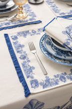 Çini Mavi Full Sofra Tekstili Takımı - Bahçe Desenli Saçaklı Sofra Seti