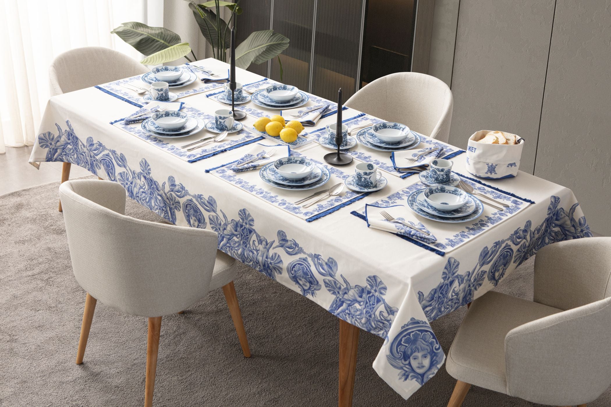 Çini Mavi Full Sofra Tekstili Takımı - Bahçe Desenli Saçaklı Sofra Seti