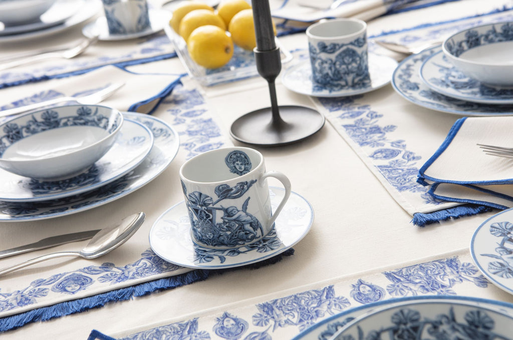 Çini Mavi Full Sofra Tekstili Takımı - Bahçe Desenli Saçaklı Sofra Seti