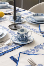 Çini Mavi Full Sofra Tekstili Takımı - Bahçe Desenli Saçaklı Sofra Seti