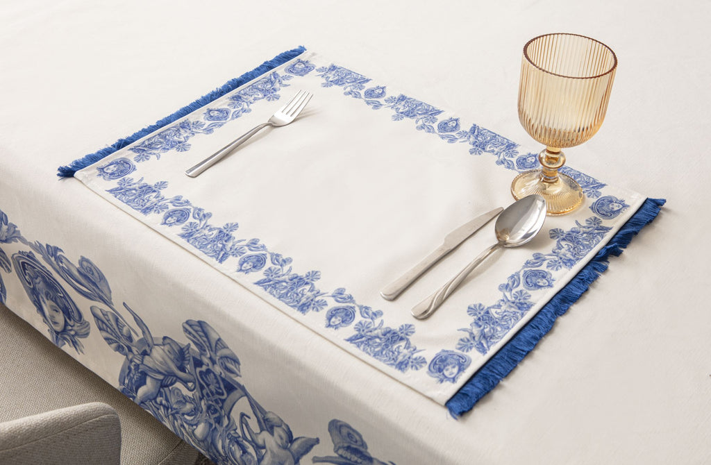 Çini Mavi Full Sofra Tekstili Takımı - Bahçe Desenli Saçaklı Sofra Seti