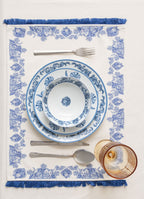 Çini Mavi Full Sofra Tekstili Takımı - Bahçe Desenli Saçaklı Sofra Seti